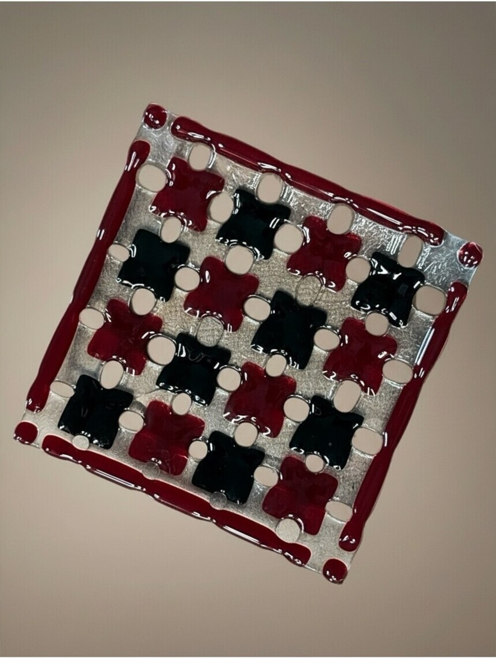 Unique Handmade Fused Glass Checkerboard Decorative Dish - Red and Black